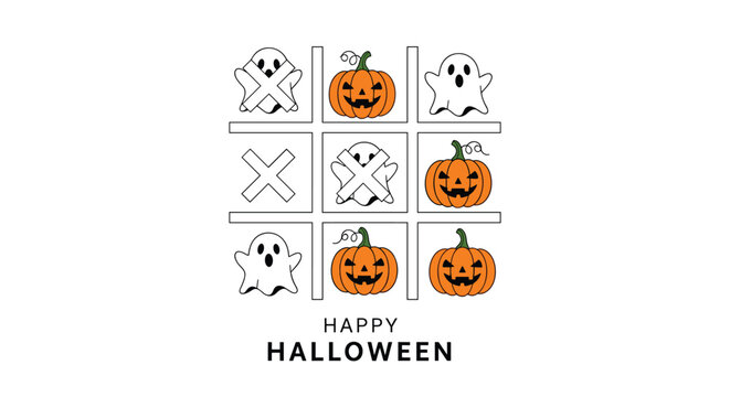 Halloween themed tic tac toe game featuring cute ghosts and carved pumpkins with happy halloween greeting text below.