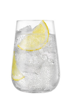 Glass of sparkling water with lemon and ice isolated on white background