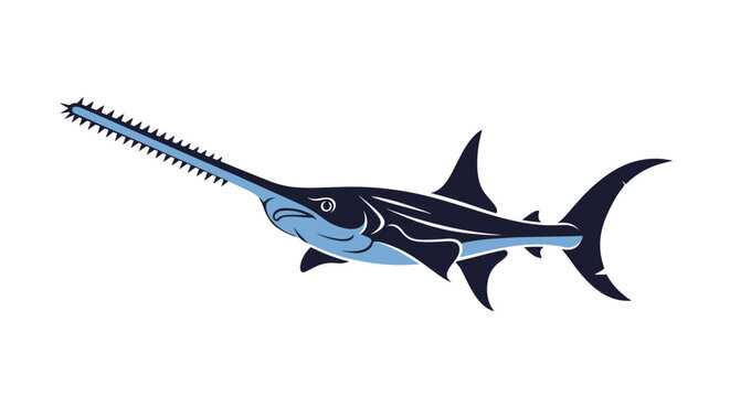 Detailed illustration of a sawfish swimming with its unique toothed rostrum and sleek body in blue and black tones.