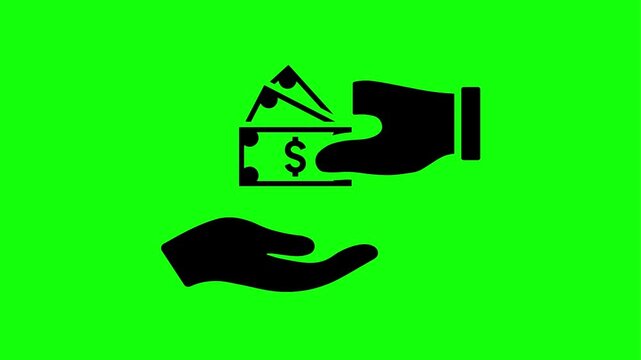 Animated earn money icon set with hand giving cash and dollar bag on a green screen background.