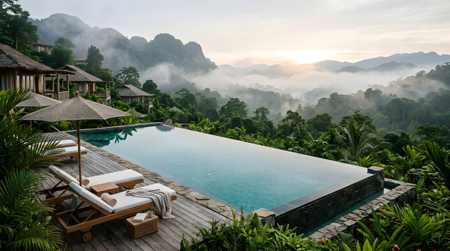 Luxury infinity pool overlooking misty tropical mountains at dawn