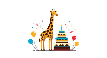 Fototapeta premium Tall giraffe standing next to a large three-tiered birthday cake with balloons and confetti on a clean white background for a party.