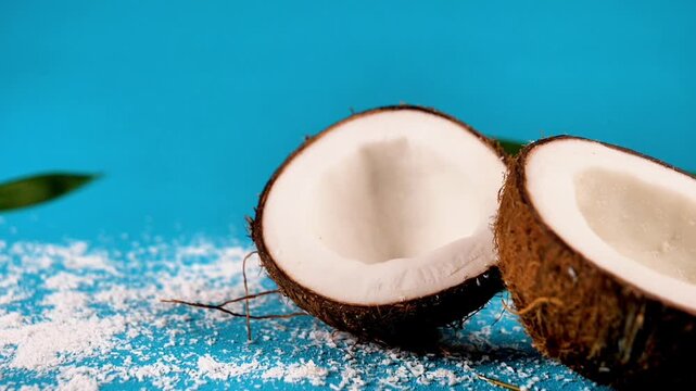 whole coconut falling and cleanly splitting into two halves on blue background