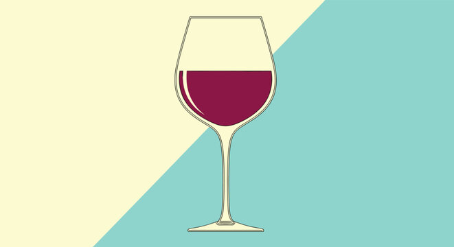 Minimalist illustration of a glass filled with red wine centered on a split background of cream and light blue in a modern style.
