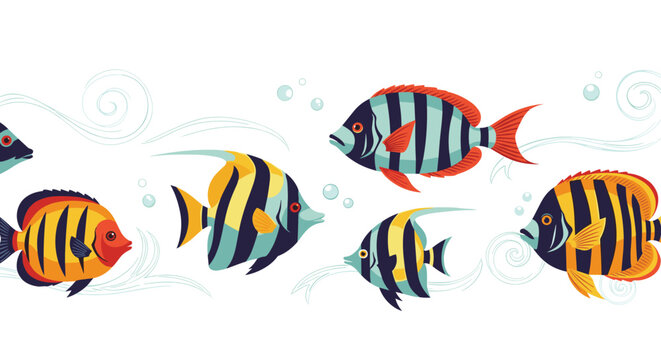 Seamless horizontal border featuring colorful tropical fish swimming among blue water swirls on a white background for bathroom decor.