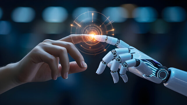 A human hand and a robotic hand jointly creating a glowing holographic design, symbolizing co-creation, extreme macro detail, soft dramatic lighting