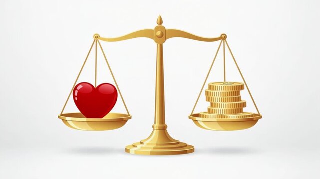 Golden balance scale tipping between red heart and gold coins symbolizing love and wealth harmony concept