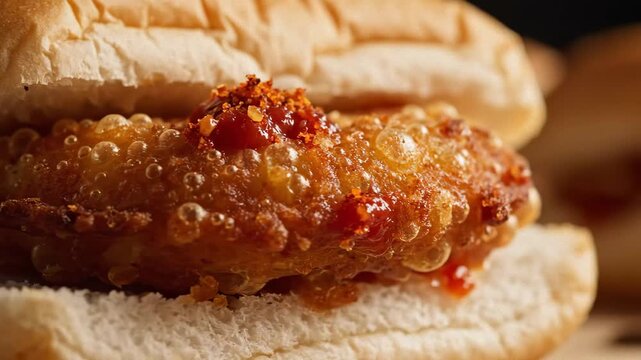 Macro shot of a crispy mumbai vada pav with spicy chutney on a soft bun in warm golden lighting.