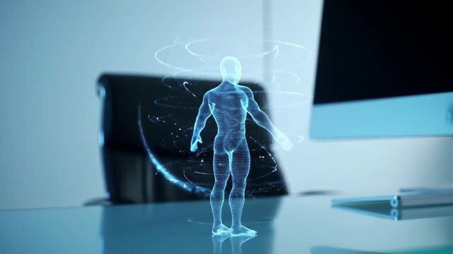 A glowing blue digital avatar of a human stands in a futuristic room with abstract light trails, representing technology and innovation.