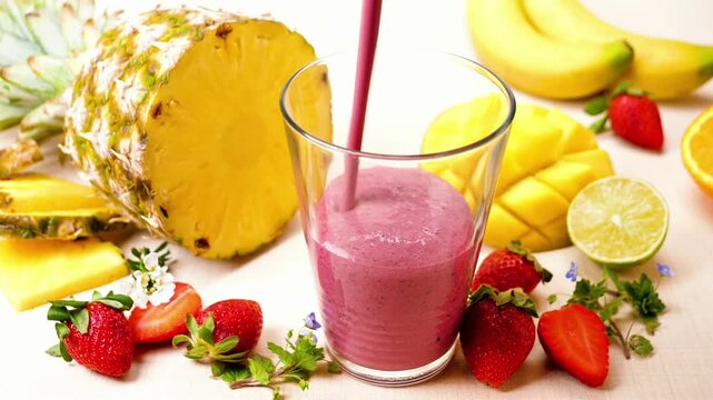 pink fruit smoothie in glass with straw surrounded by fresh pineapple, mango, strawberries and bananas, healthy tropical breakfast beverage