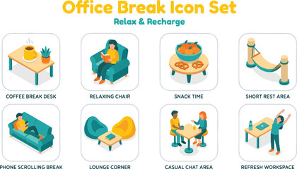 Fototapeta premium Office Break and Relaxation Icon Set for Workplace Wellness and Productivity