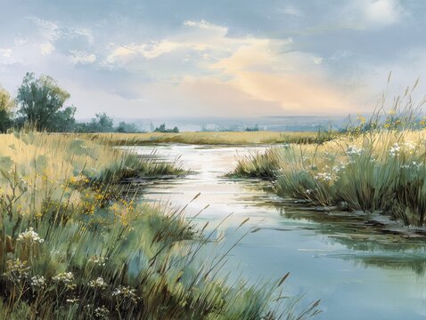Serene river flowing through tall grass and wildflowers at sunrise