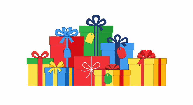 Colorful stack of wrapped gift boxes with ribbons and tags