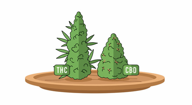 Two green buds, one labeled THC, the other CBD, sit on a platter