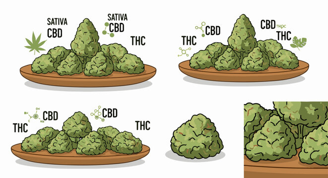 Illustration of cannabis buds with labels showing Sativa, CBD, and THC