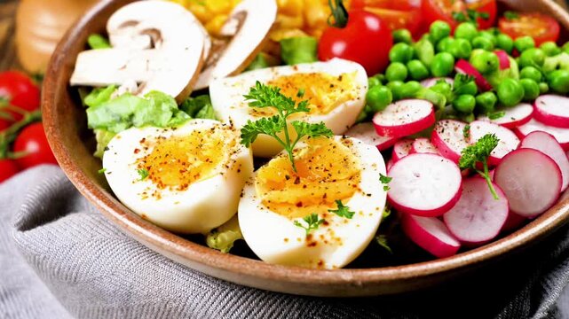 healthy salad bowl with boiled eggs, sliced radishes, green peas and mushrooms, protein rich vegetarian lunch close up