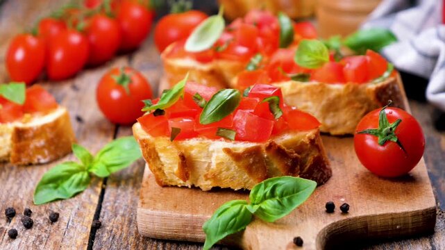 italian tomato bruschetta with fresh basil on rustic wooden cutting board, traditional mediterranean appetizer with cherry tomatoes