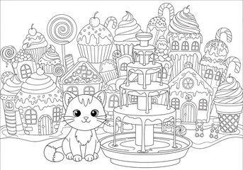 Fototapeta premium Cute Cat Coloring Page with Candy Village