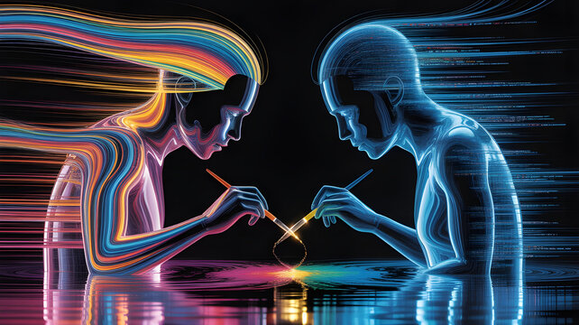 An artist collaborating with a glowing AI entity made of flowing code, both painting on the same canvas as their styles merge into a single evolving masterpiece