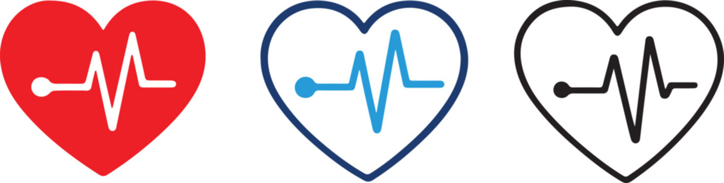 Heartbeat pulse line vector icon set with linear outline and flat solid red colored heart rate shapes for medical hospital website and health app