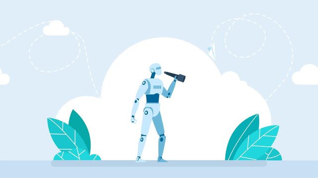 AI humanoid robot looks through a telescope toward the sky, symbolizing innovation, discovery, limitless vision of technology. Robot Explorer of Future Dreams. Side view. Video. 2d flat animation