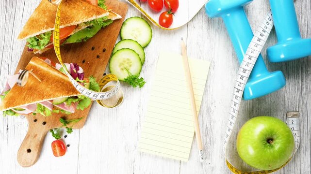 healthy lifestyle concept with fitness equipment dumbbells measuring tape club sandwiches and blank notepad on white wooden background