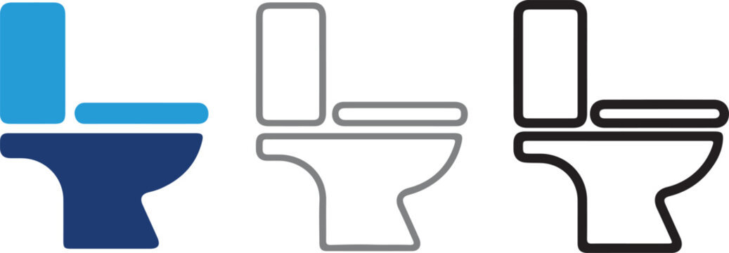 Set of toilet bowl commode vector icons with flat solid and line art designs on transparent background for bathroom and home sanitary ware concepts