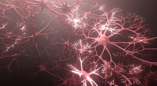 Glowing neurons (nerve cells) of nervous system in human brain. 3D rendered illustration.