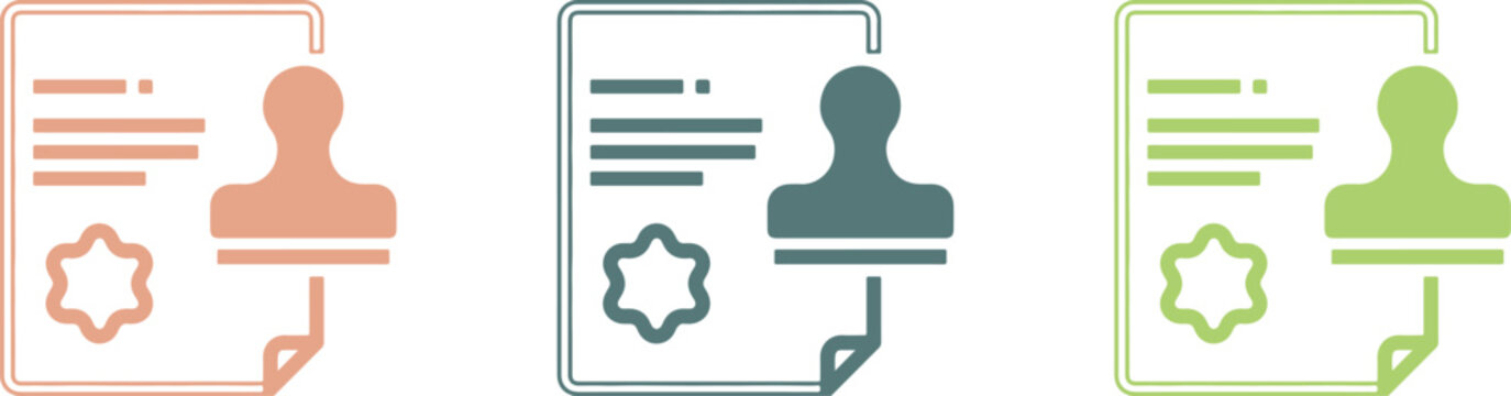 Approved legal document vector icon set with identity card and certificate stamp line art illustration isolated on transparent background
