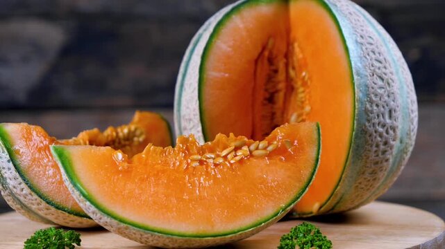 fresh cantaloupe melon whole and sliced on wooden cutting board with rustic background