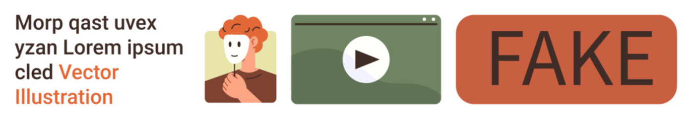 Social media, mis, fake news detection, identity verification, video content, awareness campaigns. A person, a play button and FAKE text. Social media and fake news concepts © robu_s