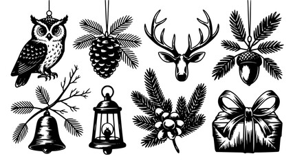 Winter woodland christmas decorations and ornaments set with reindeer antlers, pine cone © Dipa
