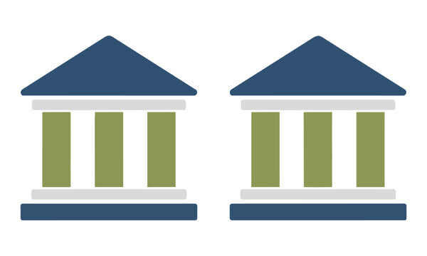 Minimalist icons of bank buildings with triangular pediments and columns in a simple flat style isolated on white background