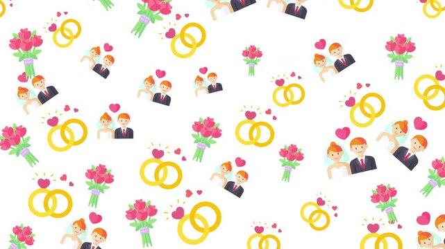 Cute flat cartoon seamless pattern background featuring bride and groom couples, wedding rings, and flower bouquets on a white backdrop. Perfect for romantic animations and wedding promos.