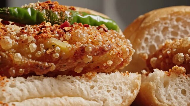 Macro shot of a delicious mumbai vada pav with spicy chutney and green chili in a warm kitchen.