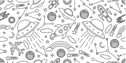 Space themed pattern background. Seamlesa pattern of space themed doodle pattern background. Hand drawn spaces doodle pattern background. Seamless space planet kid doodle universe design. © Predi