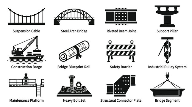 Silhouette vector icon set featuring bridge construction components  suspension cable  steel arch bridge  riveted beam joint  support pillar  construction barge  bridge blueprint roll  safety barrier 