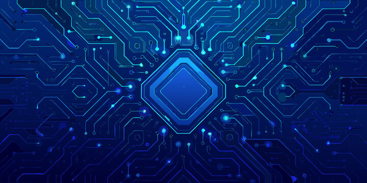 abstract blue circuit board pattern with central microchip and glowing connections high quality professional detailed