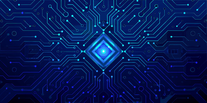 abstract circuit board pattern with glowing blue microchip in the center dark background high quality