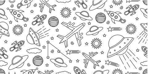 Space themed pattern background. Seamlesa pattern of space themed doodle pattern background. Hand drawn spaces doodle pattern background. Seamless space planet kid doodle universe design. © Predi