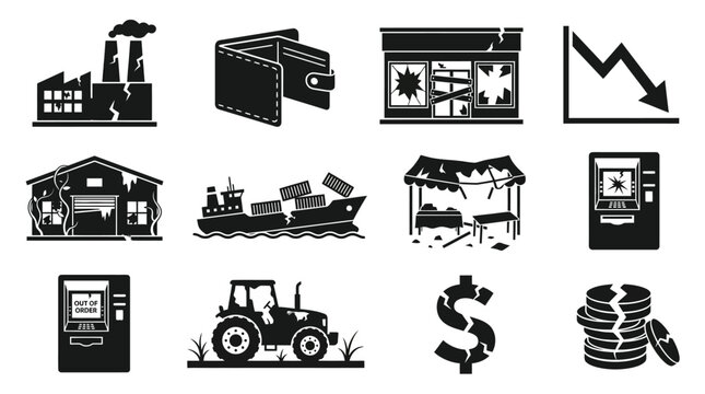 Silhouette vector icon set featuring economic disaster impacts  broken factory  empty wallet  shattered storefront  falling graph arrow  abandoned warehouse  damaged cargo ship  ruined market stall  b