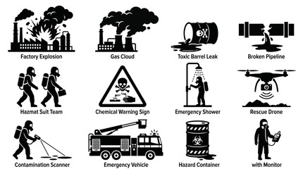 Obraz premium Silhouette vector icon set featuring industrial disaster response toxic barrel leak gas cloud hazmat suit chemical warning sign emergency shower factory explosion rescue drone contamination sc