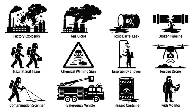 Silhouette vector icon set featuring industrial disaster response  toxic barrel leak  gas cloud  hazmat suit  chemical warning sign  emergency shower  factory explosion  rescue drone  contamination sc