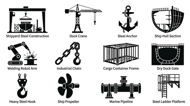 Silhouette vector icon set featuring shipyard steel construction equipment  dock crane  steel anchor  ship hull section  welding robot arm  industrial chain  cargo container frame  dry dock gate 