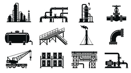 Obraz premium Silhouette vector icon set featuring oil refinery steel infrastructure industrial pipeline refinery tower pressure valve storage tank steel catwalk industrial flare stack pipe elbow connector 