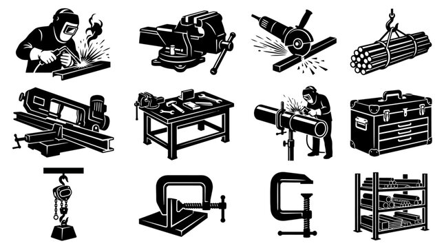 Silhouette vector icon set featuring metal workshop and fabrication objects  welding sparks shield  industrial vice  angle grinder  steel rod bundle  metal cutting saw  workshop table  pipe welding st
