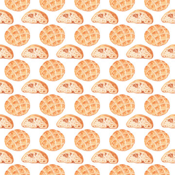 Seamless Pattern of Watercolor Lepinja and Balkan Flatbread Illustration