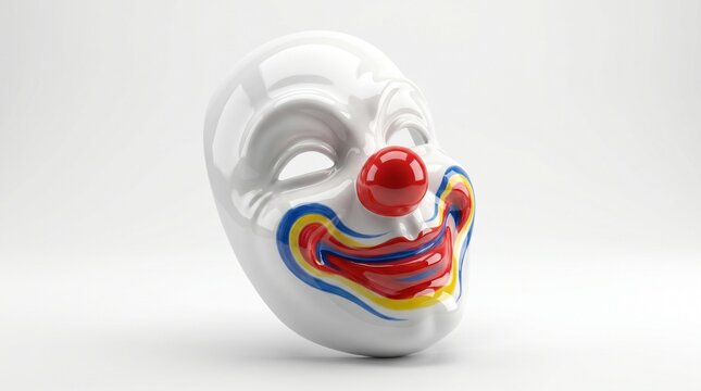 Colorful clown mask isolated on white background, featuring dramatic circus makeup and expressive theatrical design.