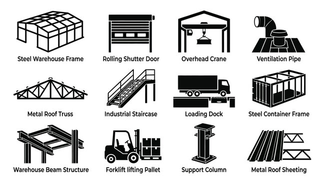 Silhouette vector icon set featuring industrial warehouse construction elements  steel warehouse frame  rolling shutter door  overhead crane  ventilation pipe  metal roof truss  industrial staircase  