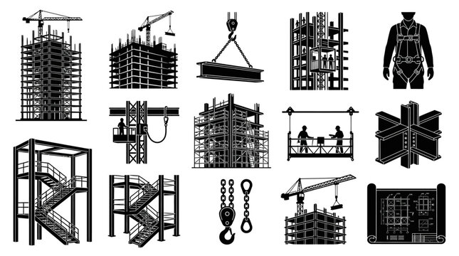 Silhouette vector icon set featuring skyscraper steel framework construction  unfinished tower frame  hanging steel beam  construction elevator  safety harness  tower scaffold  suspended platform  bea